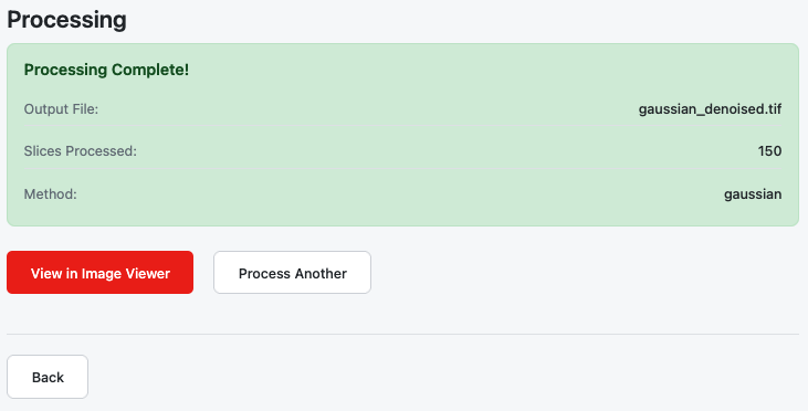 Results section showing output details and action buttons