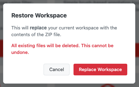 Screenshot: Restore workspace confirmation dialog