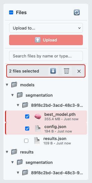 Screenshot: File tree with multiple files selected showing checkboxes