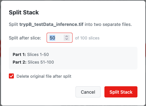 Screenshot: Split stack dialog showing slice range preview