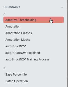 Screenshot: Expanded glossary showing alphabetical terms