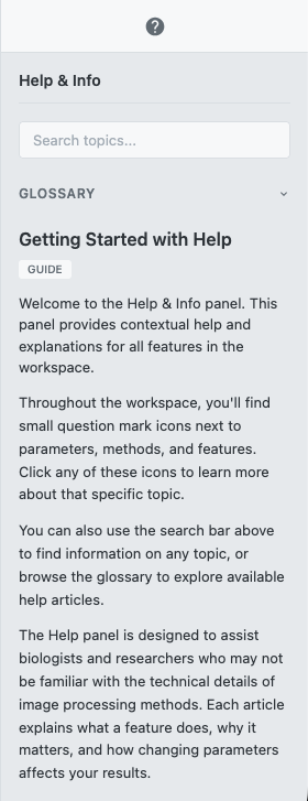 Screenshot: Help & Info panel showing all navigation areas