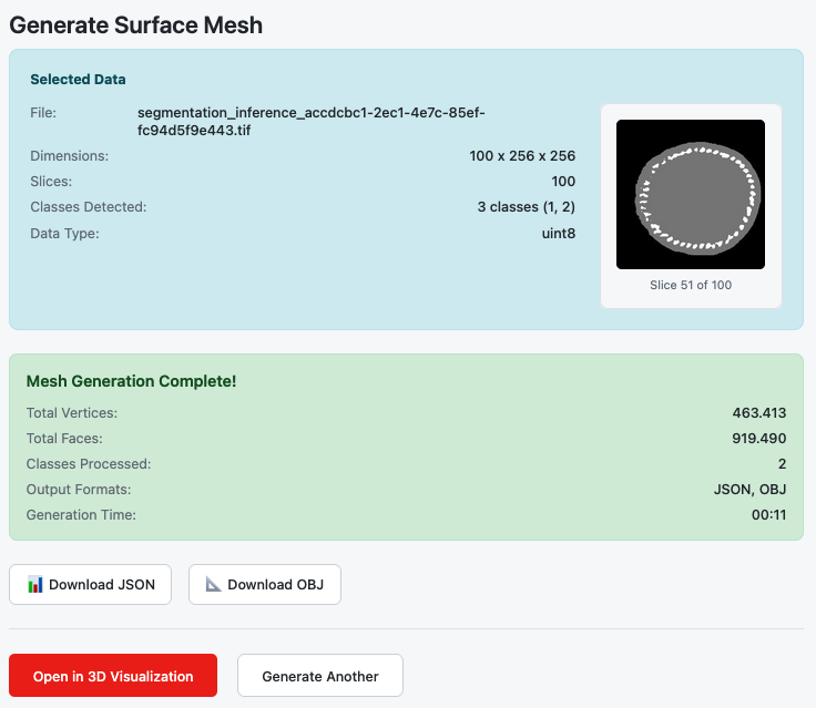 Results section showing statistics and download buttons
