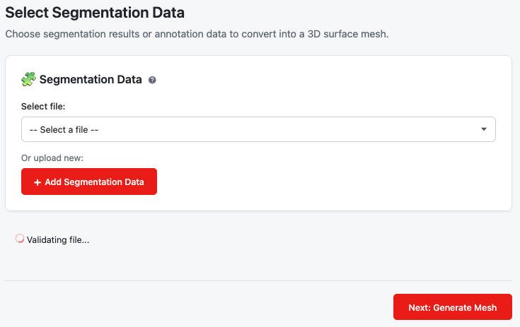 Step 1 showing file selection with validation