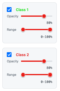 Class control panel showing visibility, opacity, and range