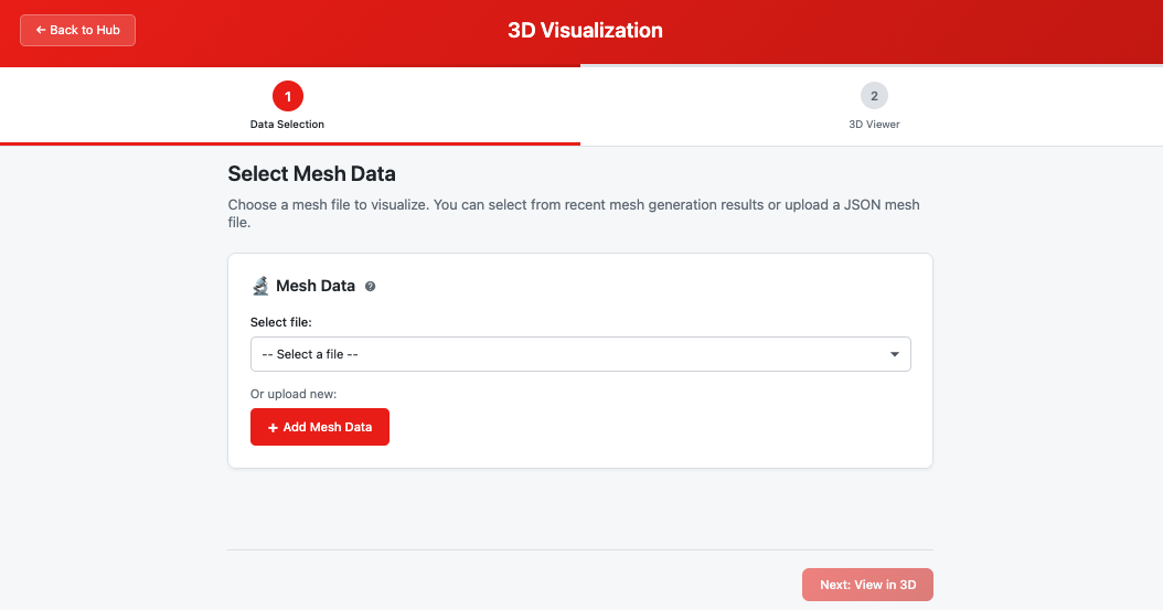 3D Visualization module showing mesh with control panel